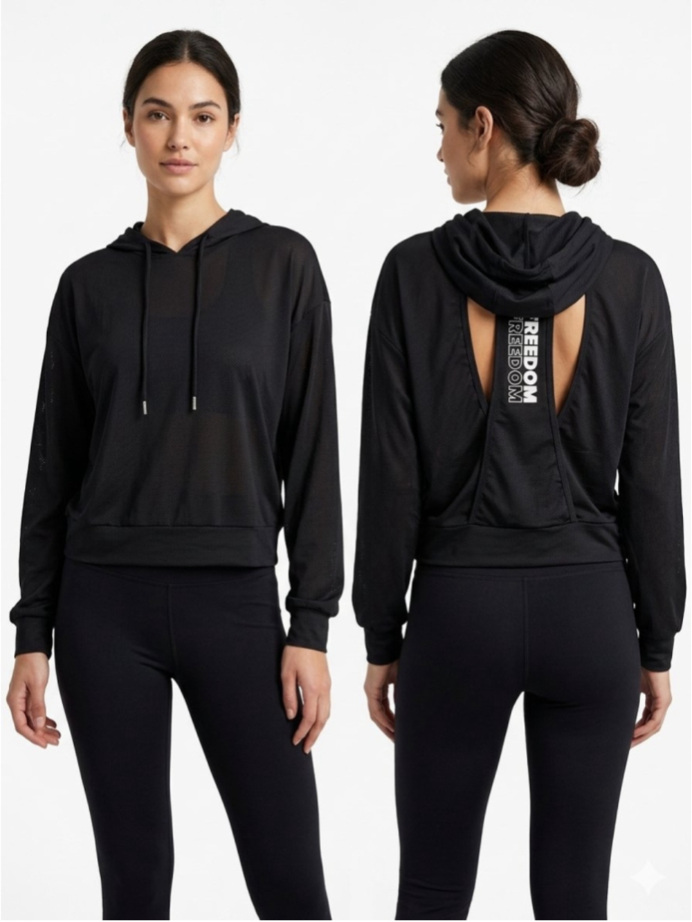Women's Freedom Black Mesh Activewear Cropped Hoodie Cut Out Back Size Med - 828
